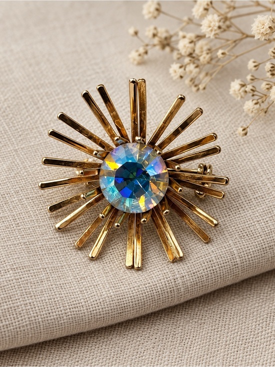 Unsigned Jewelry - Vintage MCM Gold Tone Starburst Brooch | Aurora Borealis Crystal Center